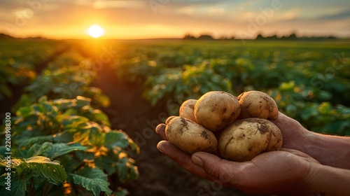 Holding freshly harvested potatoes in open hands amidst a vibrant field during a beautiful sunset, representing agricultural abundance and rural landscape