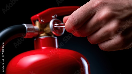 Person pulling safety pin from fire extinguisher