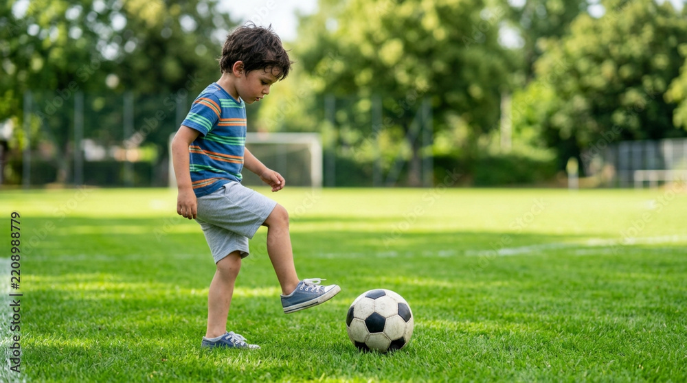 Obraz premium Young boy playing soccer on a green field