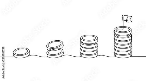 One Line Drawing Business Success Concept Increasing Coin Stacks Financial Growth Achievement
