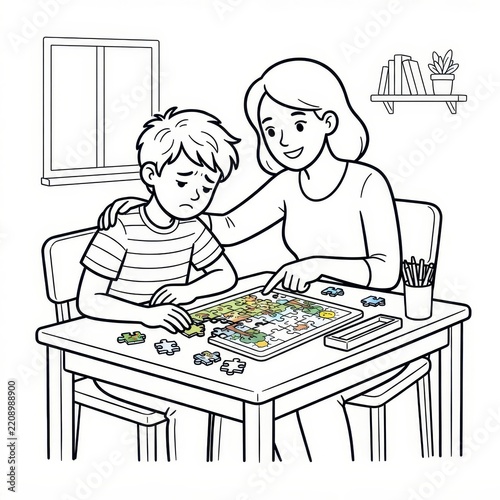 Mother comforting sad son doing puzzle coloring page