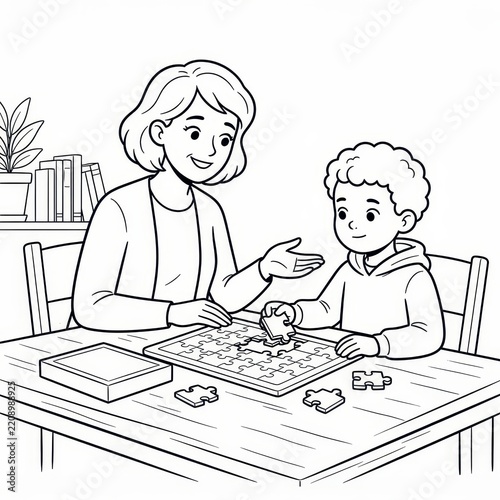 Mother and son playing jigsaw puzzle coloring page