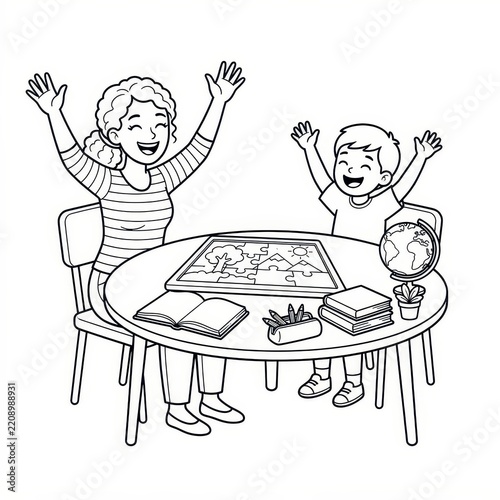 Teacher and student coloring book page illustration