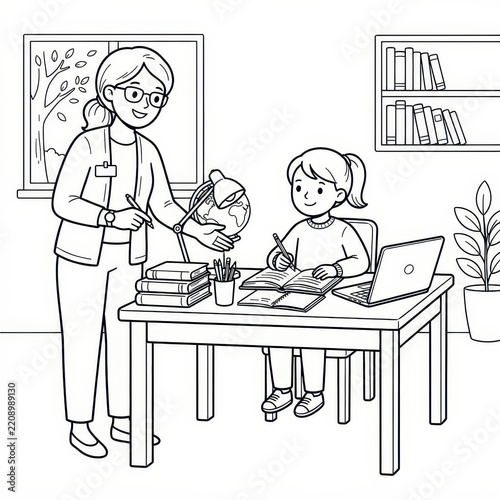 Teacher helping student in classroom coloring page