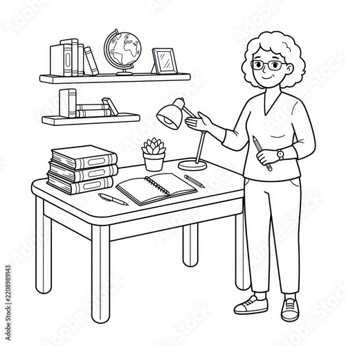 Teacher standing by desk with books and globe line art
