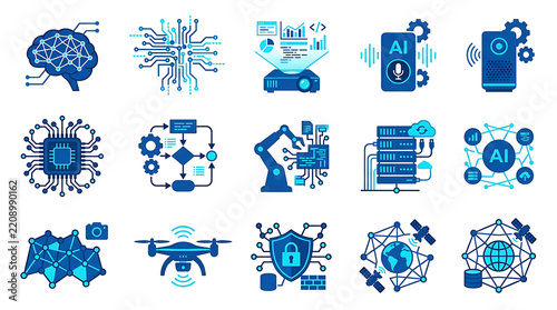 Futuristic ai technology icons performing digital functions in a transparent background