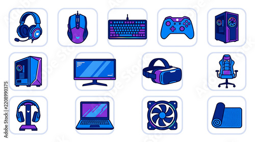 Gaming accessories clipart set with computer keyboard mouse headset and virtual reality headset on transparent background