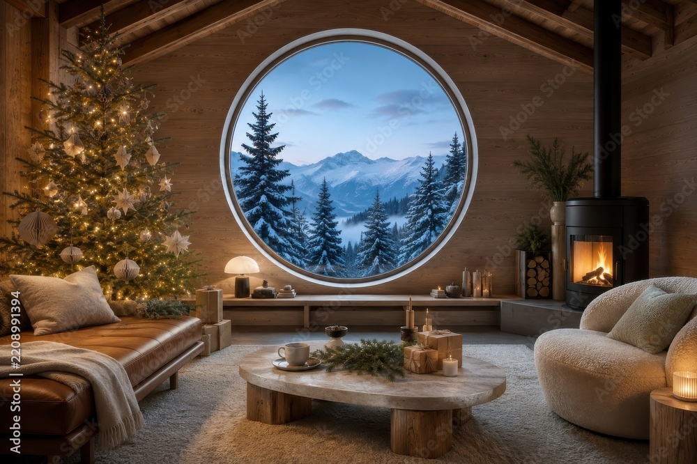 Obraz premium Cozy rustic cabin living room with Christmas tree and mountain view