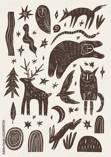 Weirdcore cottagecore mystical linocut forest animal clipart set featuring stag deer, bear, wolf, running hare rabbit, spirit creatures, owl, flying bird, snake, pine tree, crescent moon, and magic st