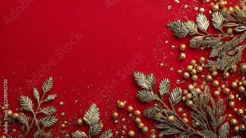 Elegant gold fir branches and decorative beads adorn a vibrant red surface, creating a festive holiday concept for seasonal celebrations and elegant designs