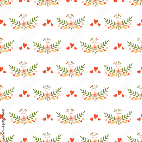 Seamless Floral Pattern With Hearts Romantic Spring Flower Bouquet Vector Background