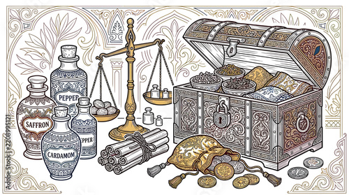 Vintage Treasure Chest with Spices and Scales
