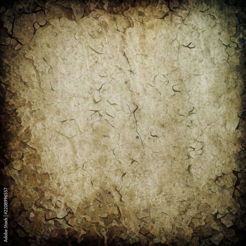 Aged cracked plaster wall texture with dark grungy edges and vintage sepia tones