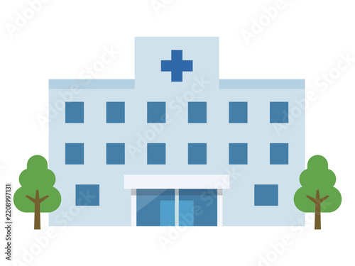 Simple hospital building with blue medical cross and trees illustration