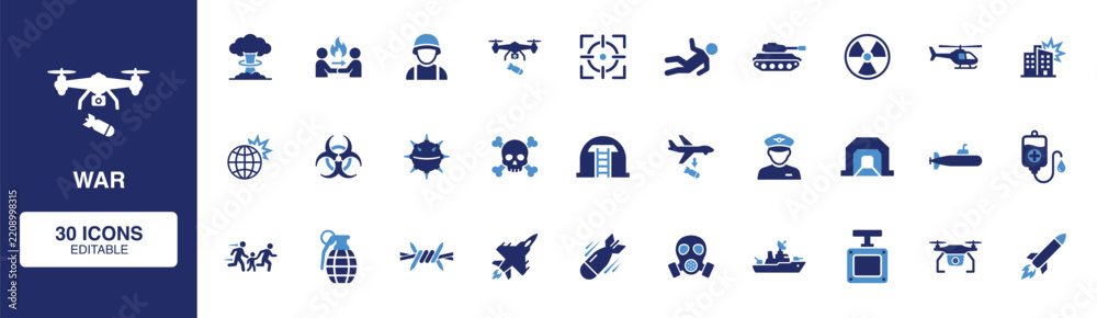 Obraz premium War Solid Icon Set with combat drone, military tank, missile attack, armed soldier, helicopter, bomb, gas mask, battlefield explosion, fighter aircraft and emergency response