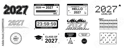 Happy New Year 2027 Y2K typography set. Retro computer window, pixel, countdown and calendar designs for social media posts, party flyers, planners and stickers. Black and white