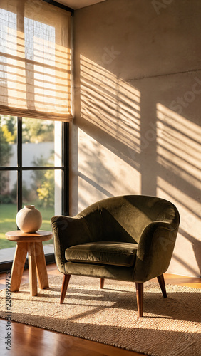 Olive Velvet Armchair in a Sunlit Living Room Corner
