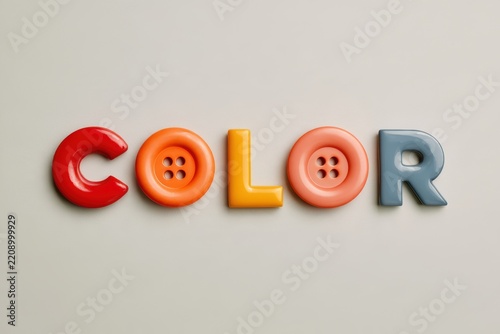 Brightly colored letters and buttons forming the word color on a light background
