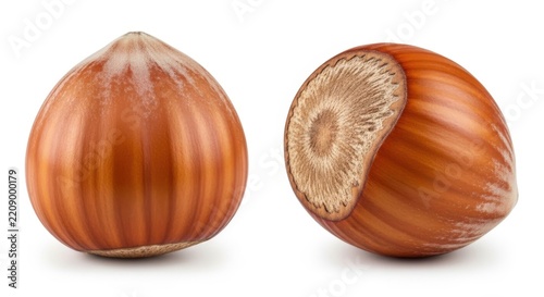 Close-up of whole and halved hazelnut