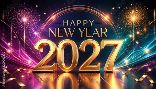 Happy new year 2027 golden numbers with fireworks and sparkling light trails on dark background fireworks celebration greeting typography background seasonal calendar invitation composition