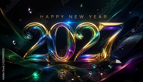 Happy new year 2027 iridescent metallic numbers with light leaks and glowing particles on dark background iridescent text 3D art celebration greeting abstract typography mystical invitation
