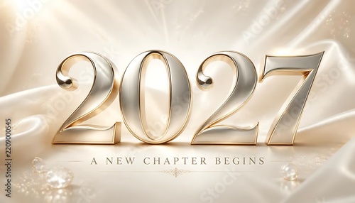 Elegant 2027 gold lettering with a new chapter begins text on draped silk background gold numbers holiday season luxury design inspirational quote cream color new year festive celebration