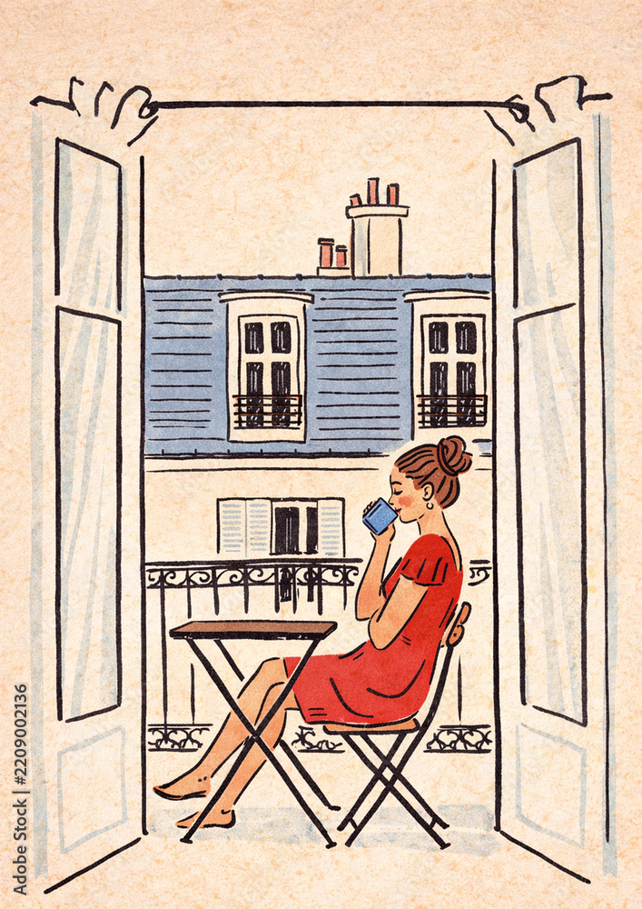 Fototapeta premium Woman drinking coffee on a balcony overlooking the city, watercolor illustration