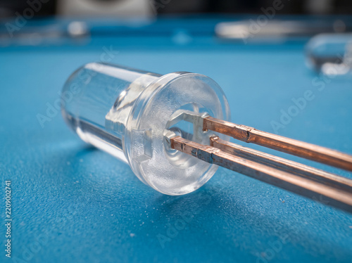 Clear light emitting diode internal metallic pins for electrical connection.