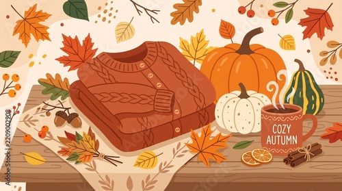 Cozy autumn flat lay with sweater pumpkins and leaves