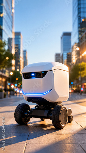 Boxy Delivery Robot with Rugged Wheels on a City Sidewalk