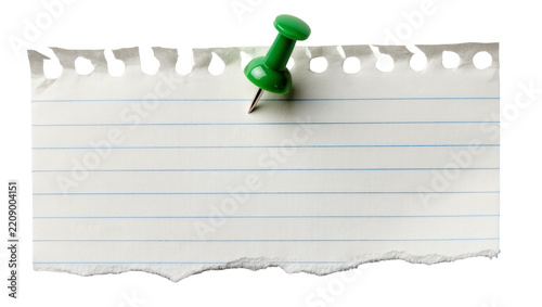 Green pushpin securing a torn lined paper note, isolated on transparent background