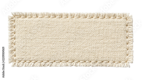 Rough textured beige burlap fabric patch with frayed edges, isolated on transparent background