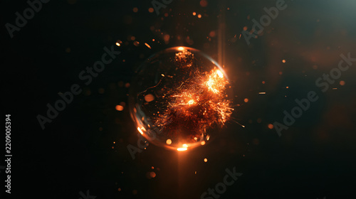 Burning fireball sphere glowing energy sparks dark background explosion asteroid meteor light beam dramatic sciencefiction concept
