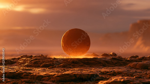 Floating glowing sphere desert alien planet landscape fog sunset dramatic sciencefiction concept mysterious dust orange atmosphere