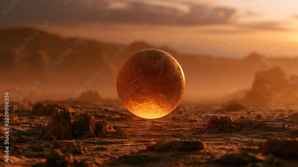 Fototapeta premium Floating glowing sphere desert alien planet landscape fog sunset dramatic sciencefiction concept mysterious dust orange atmosphere