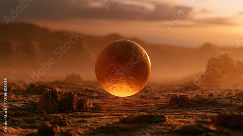 Floating glowing sphere desert alien planet landscape fog sunset dramatic sciencefiction concept mysterious dust orange atmosphere