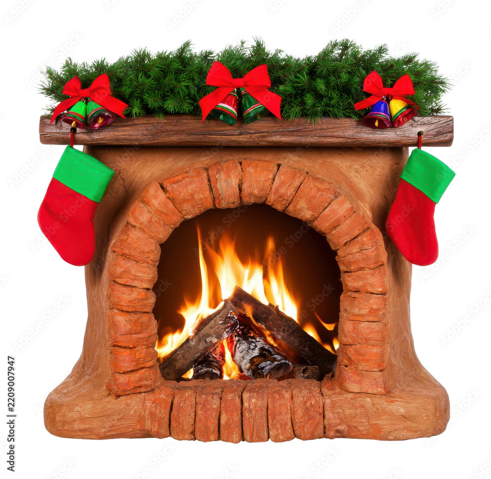 Obraz premium PNG Festive Christmas fireplace with stockings, bells and blazing fire