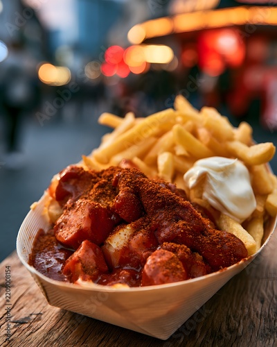 Currywurst and french fries serving on street food stand