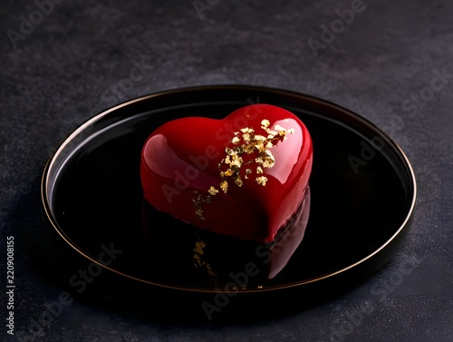 Heart shaped mousse cake with mirror glaze and gold leaf