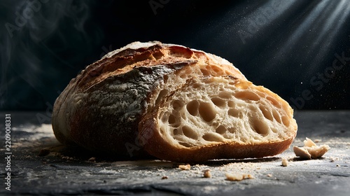 Fresh sourdough bread loaf with a cut slice