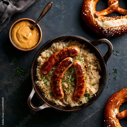 Bratwurst sausages with sauerkraut and mustard pretzels