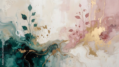 Soft elegant abstract painting with natural leaf silhouettes and gold leaf splashes.