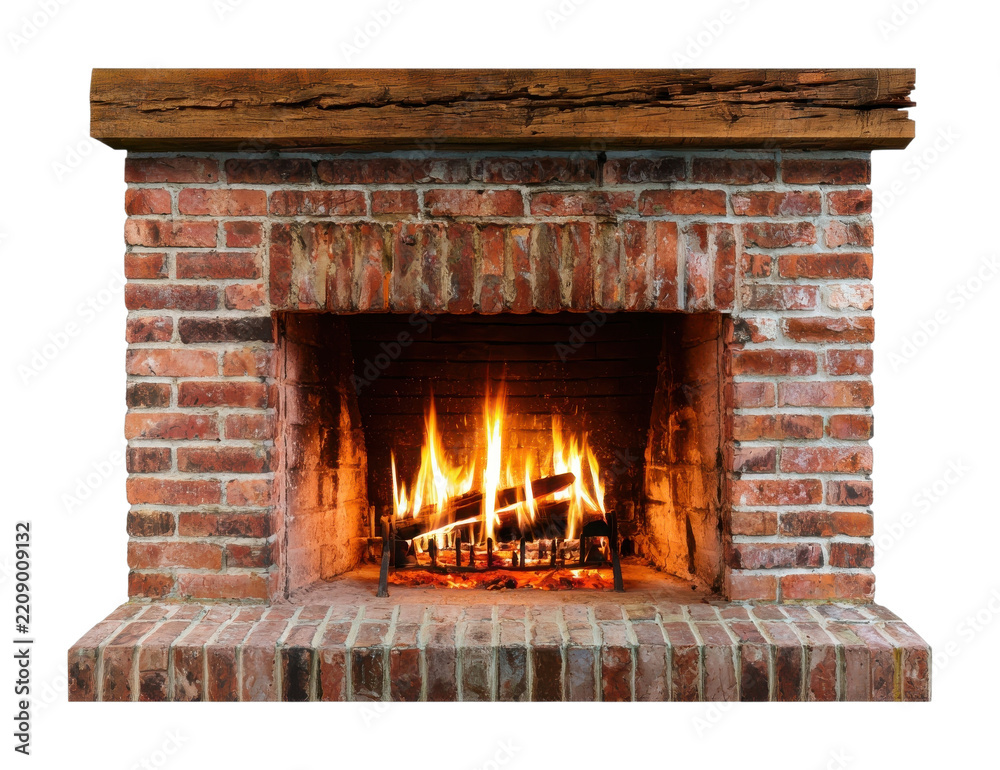 Obraz premium PNG Rustic brick fireplace with warm glowing flames and wooden mantel
