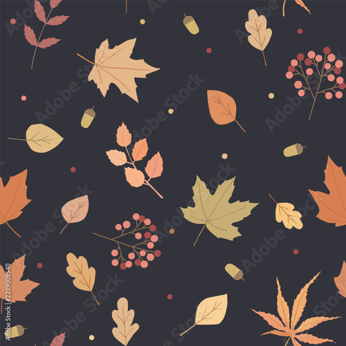 Vector leaves autumn print. Halloween seamless pattern on black background.