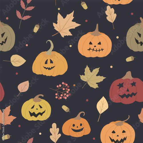 Vector pumpkin autumn print. Halloween seamless pattern on black background.