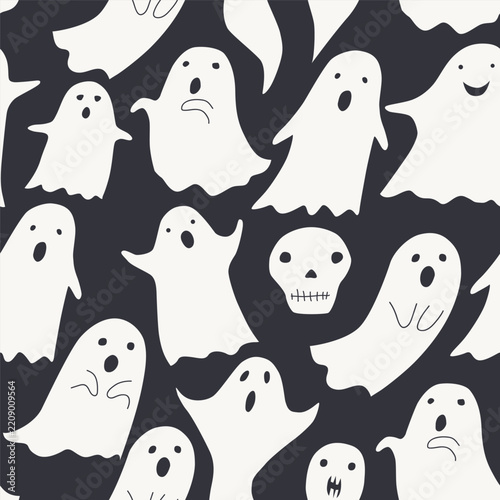 Vector ghost autumn print. Halloween seamless pattern on black background.