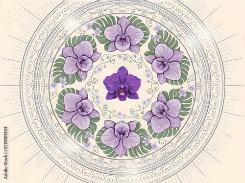 A symmetrical floral mandala design featuring vibrant purple orchids and green leaves on a light beige background.