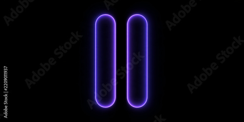 Neon pause button icon on black background. Minimalist luminous media player control symbol. Digital technology graphic
