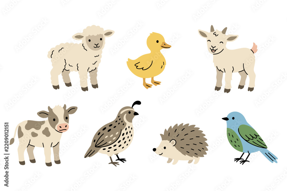 Fototapeta premium Cute cartoon farm animals and a wild bird illustration set