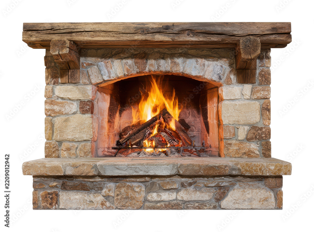 Fototapeta premium PNG Rustic stone fireplace with glowing flames and wooden mantel